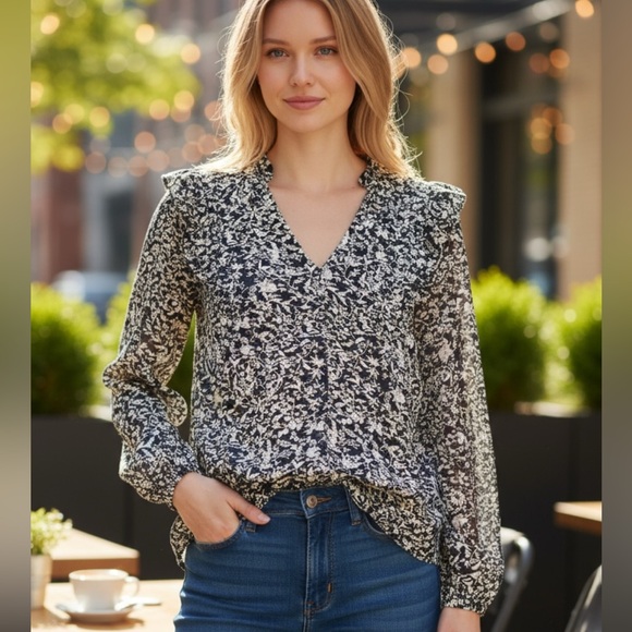 Lucky Brand Tops - Lucky Brand Navy White Floral Top Neck Shoulder Ruffle Prairie Trad Size M